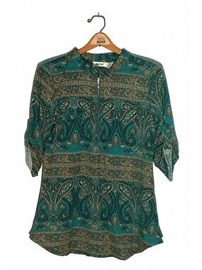 Bepei Teal & Gold Paisley Print 3/4 Sleeve Blouse With Zip Neck Womens Large